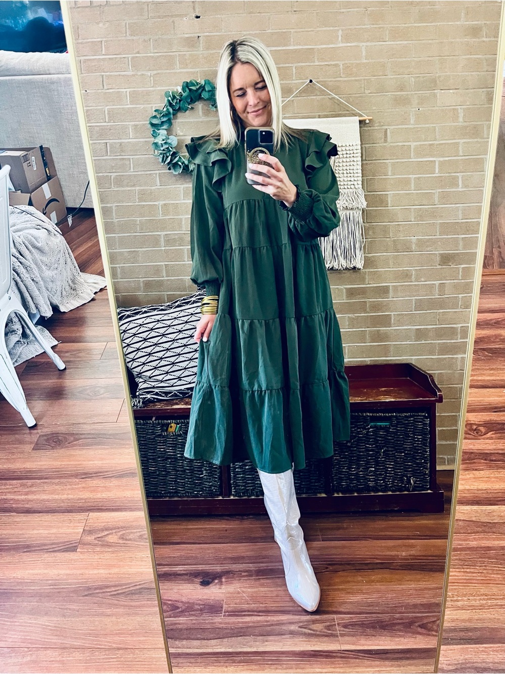 Umgee Olive Green Tiered Midi Dress with Ruffle Shoulders